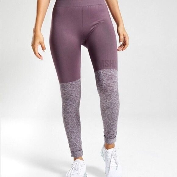 Gymshark Two Tone Seamless Leggings Purple Heathered with Logo High Rise - Picture 12 of 12